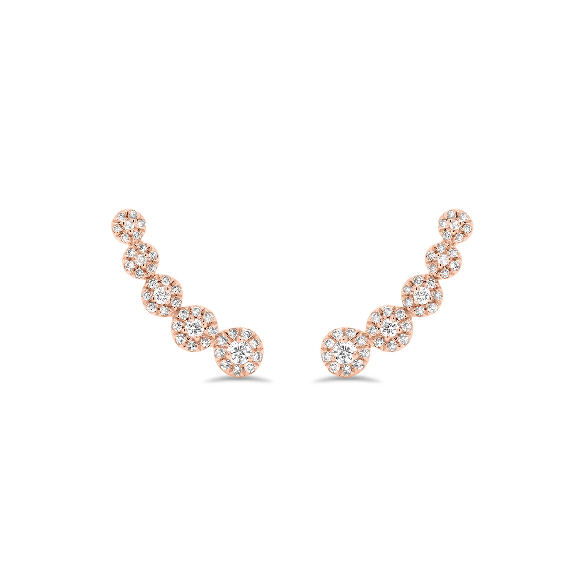 Diamond Halo Climber Earrings - 14K rose gold weighing 1.37 grams - 82 round diamonds totaling 0.29 carats