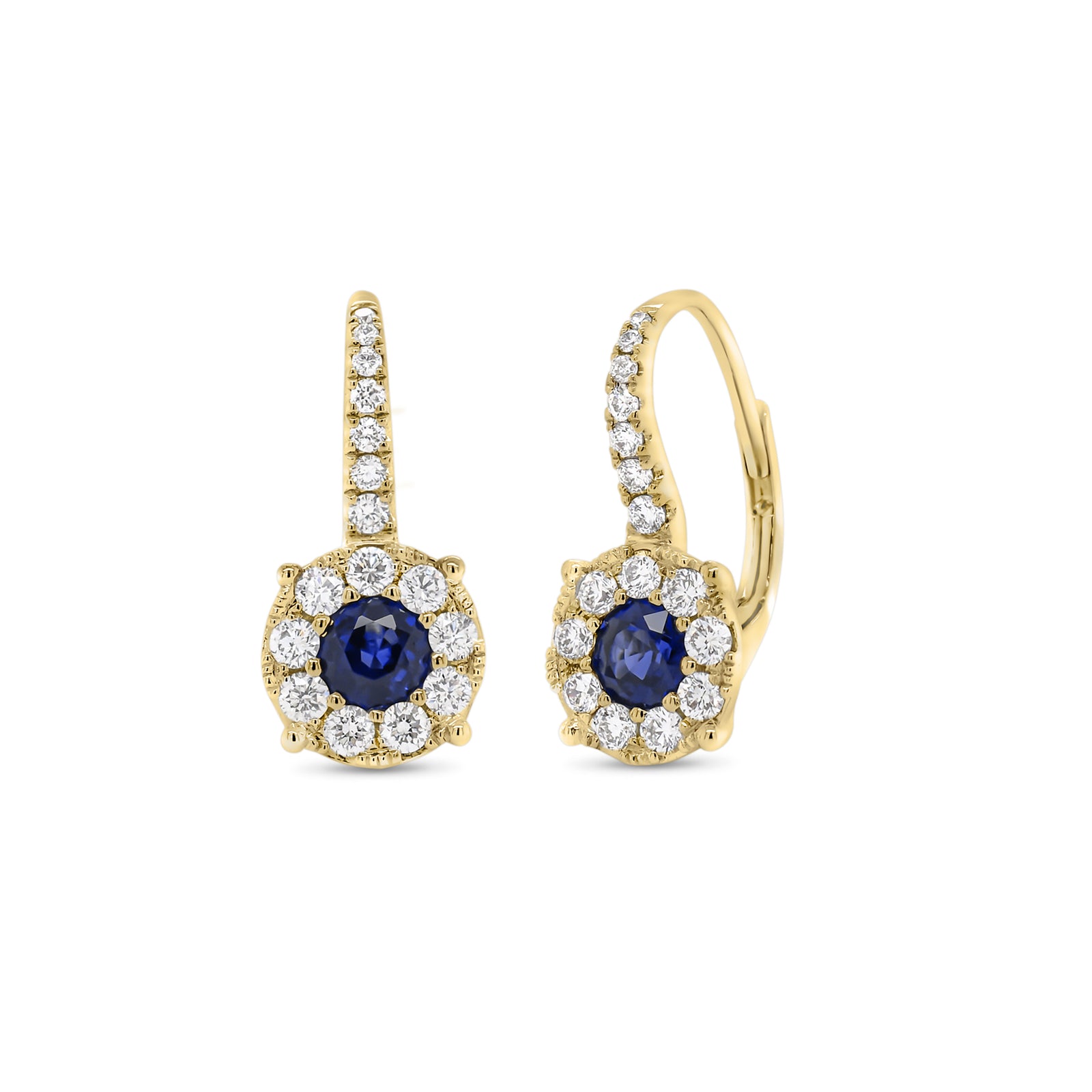 Sapphire & Diamond Halo Lever-Back Earrings  - 18K gold weighing 2.90 grams  - 32 round diamonds totaling 0.57 carats  - 2 sapphires totaling 0.83 carats