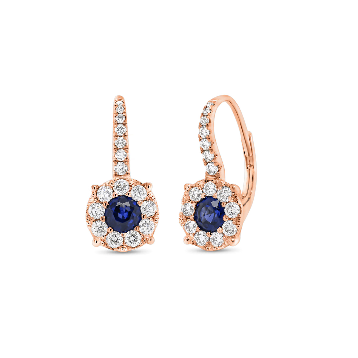 Sapphire & Diamond Halo Lever-Back Earrings  - 18K gold weighing 2.90 grams  - 32 round diamonds totaling 0.57 carats  - 2 sapphires totaling 0.83 carats