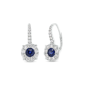 Sapphire & Diamond Halo Lever-Back Earrings  - 18K gold weighing 2.90 grams  - 32 round diamonds totaling 0.57 carats  - 2 sapphires totaling 0.83 carats