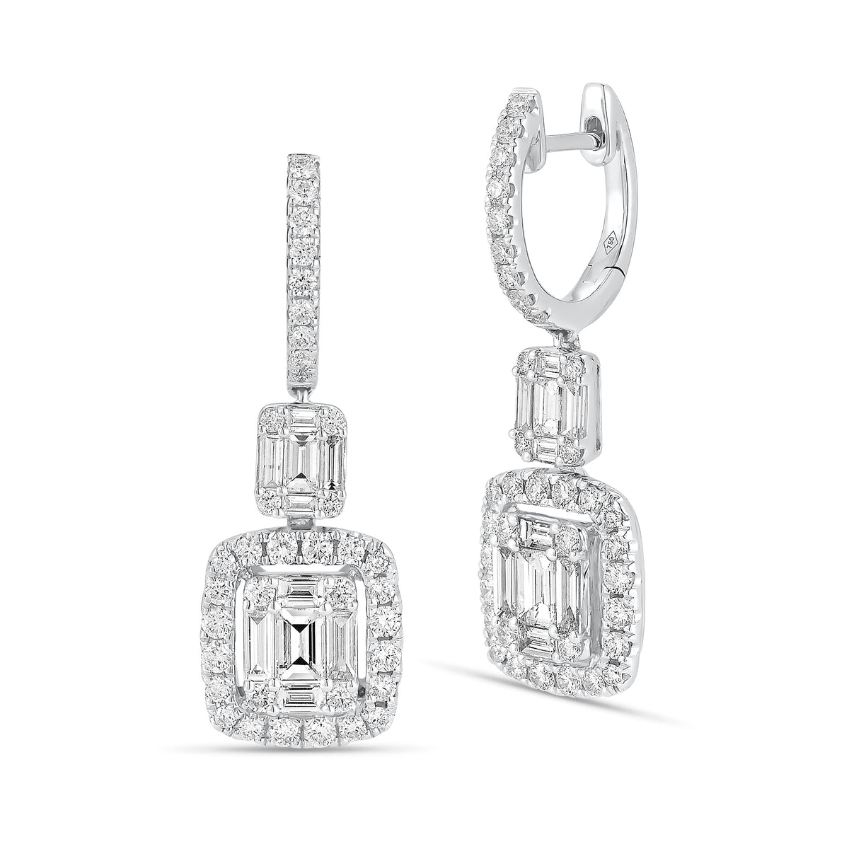 Emerald-Cut Diamond Illusion Dangle Earrings - 18K gold weighing 5.93 grams  - 20 slim baguettes weighing 1.03 carats  - 74 round diamonds weighing 0.93 carats