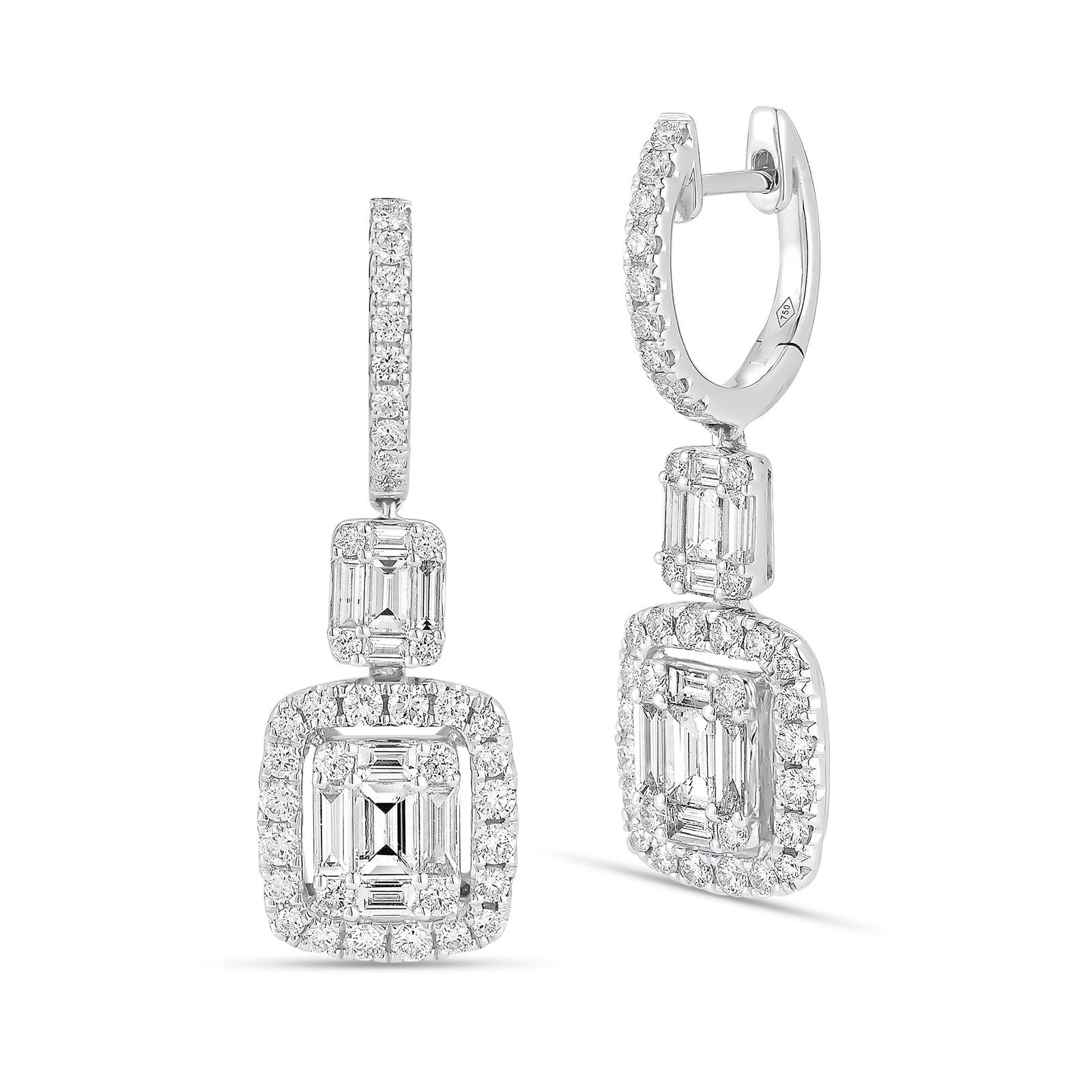 Emerald-Cut Diamond Illusion Dangle Earrings - 18K gold weighing 5.93 grams  - 20 slim baguettes weighing 1.03 carats  - 74 round diamonds weighing 0.93 carats