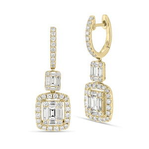 Emerald-Cut Diamond Illusion Dangle Earrings - 18K gold weighing 5.93 grams  - 20 slim baguettes weighing 1.03 carats  - 74 round diamonds weighing 0.93 carats