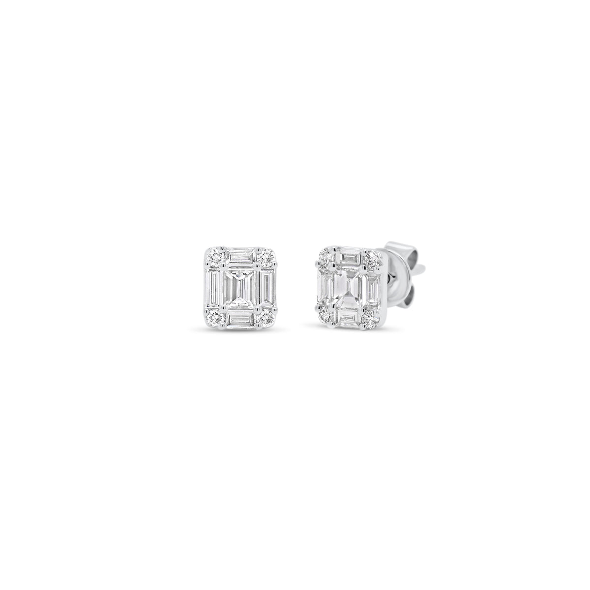 Illusion emerald-cut diamond small stud earrings - 18K gold weighing 1.28 grams  - 10 slim baguettes totaling 0.37 carats  - 8 round diamonds totaling 0.08 carats
