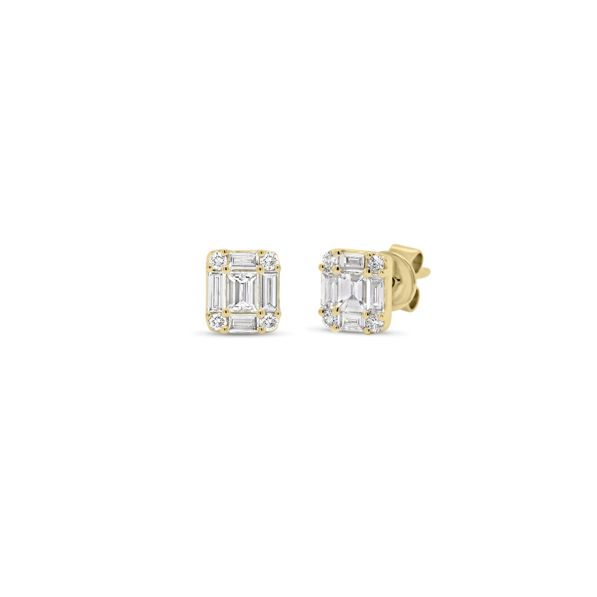 Illusion emerald-cut diamond small stud earrings - 18K gold weighing 1.28 grams - 10 slim baguettes totaling 0.37 carats - 8 round diamonds totaling 0.08 carats