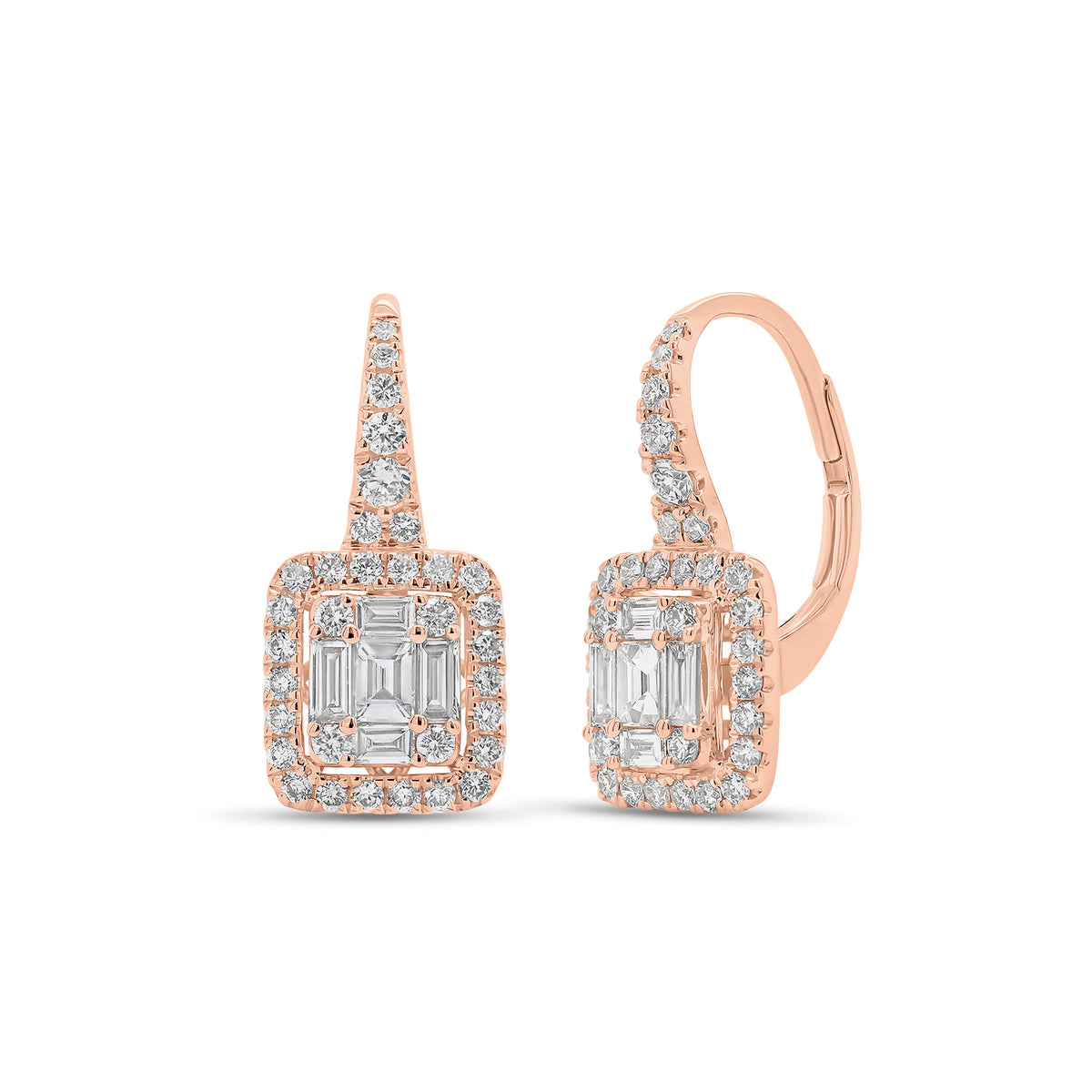 Emerald-Cut Diamond Illusion Lever-Back Earrings - 18K gold weighing 3.34 grams  - 66 round diamonds weighing 0.49 carats  - 10 slim baguettes weighing 0.37 carats
