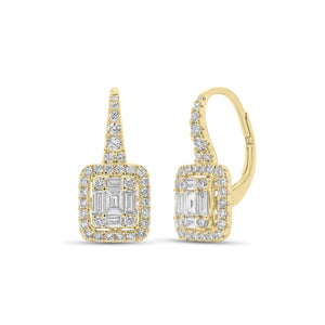 Emerald-Cut Diamond Illusion Lever-Back Earrings - 18K gold weighing 3.34 grams  - 66 round diamonds weighing 0.49 carats  - 10 slim baguettes weighing 0.37 carats