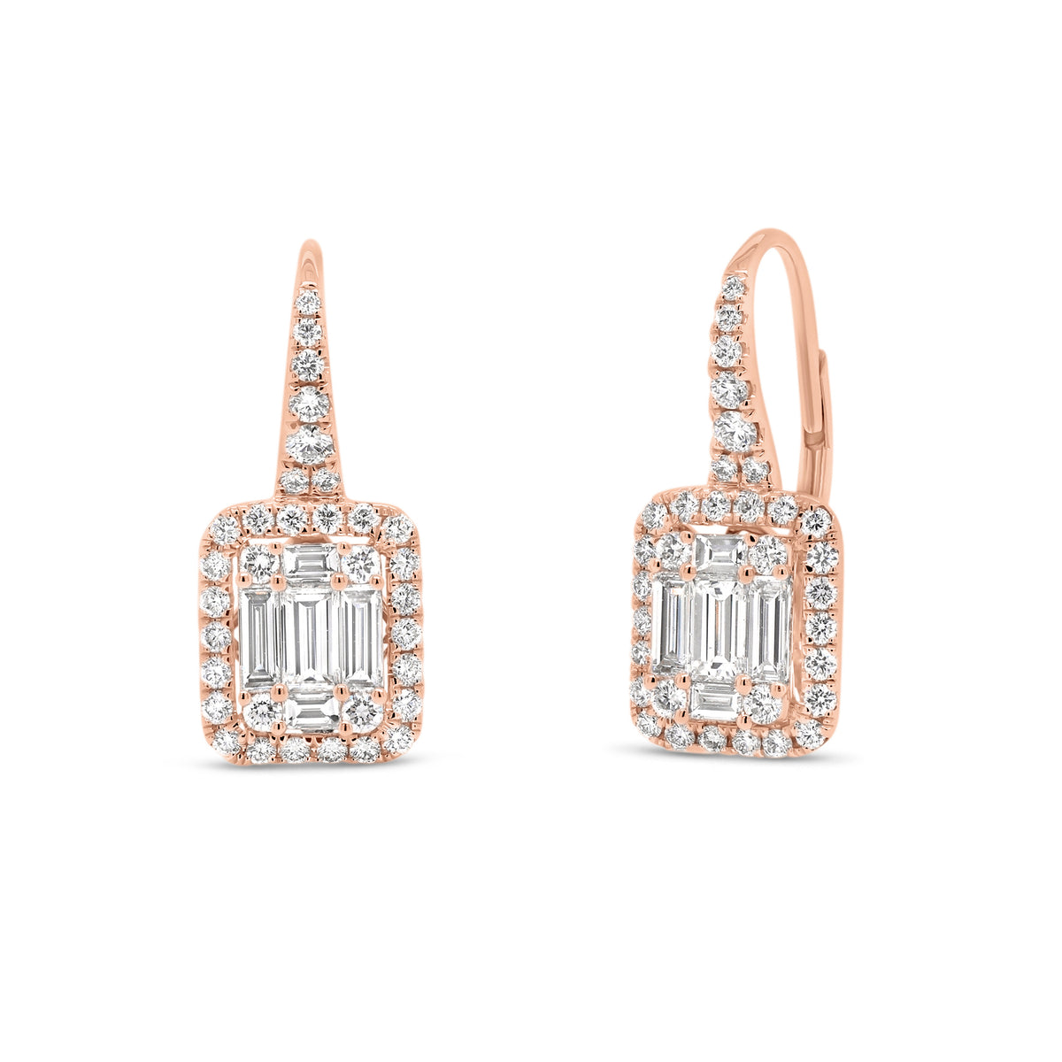 Baguette Diamond Lever-Back Earrings  - 18K gold weighing 4.05 grams  - 2 slim baguettes totaling 0.40 carats  - 8 slim baguettes totaling 0.52 carats  - 66 round diamonds totaling 0.71 carats  - Total carat weight 1.63 carats