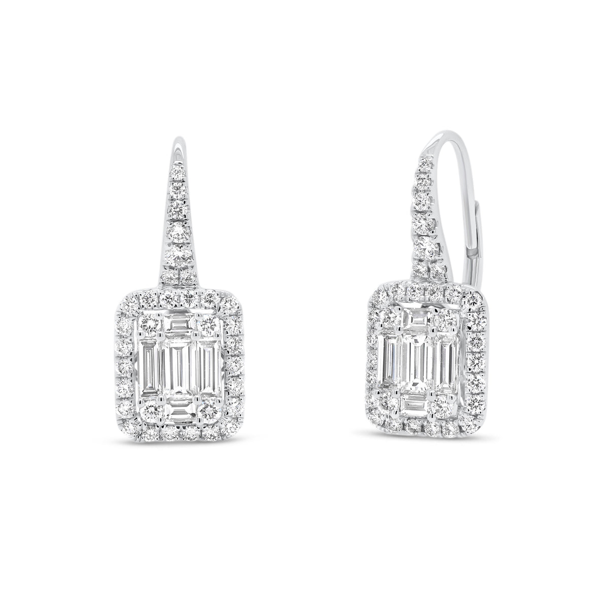 Baguette Diamond Lever-Back Earrings  - 18K gold weighing 4.05 grams  - 2 slim baguettes totaling 0.40 carats  - 8 slim baguettes totaling 0.52 carats  - 66 round diamonds totaling 0.71 carats  - Total carat weight 1.63 carats
