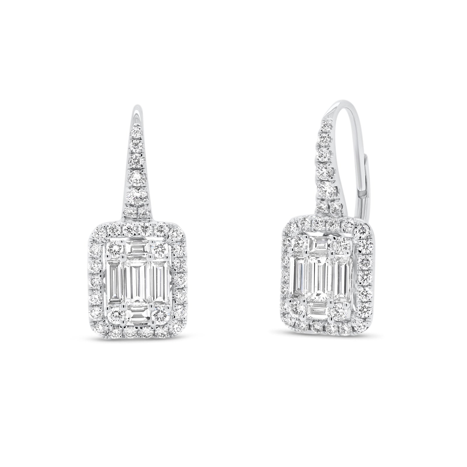 Baguette Diamond Lever-Back Earrings  - 18K gold weighing 4.05 grams  - 2 slim baguettes totaling 0.40 carats  - 8 slim baguettes totaling 0.52 carats  - 66 round diamonds totaling 0.71 carats  - Total carat weight 1.63 carats
