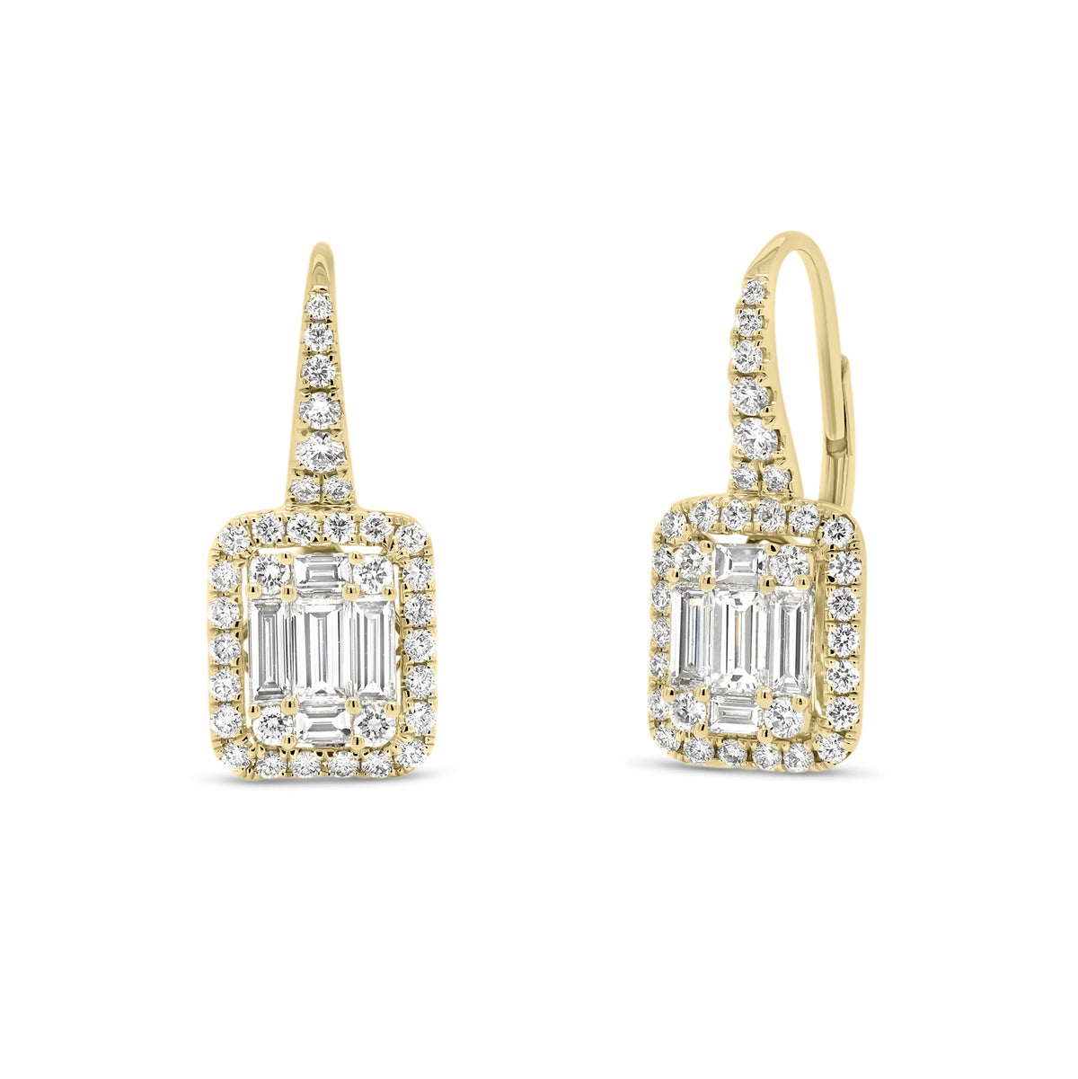 Baguette Diamond Lever-Back Earrings  - 18K gold weighing 4.05 grams  - 2 slim baguettes totaling 0.40 carats  - 8 slim baguettes totaling 0.52 carats  - 66 round diamonds totaling 0.71 carats  - Total carat weight 1.63 carats
