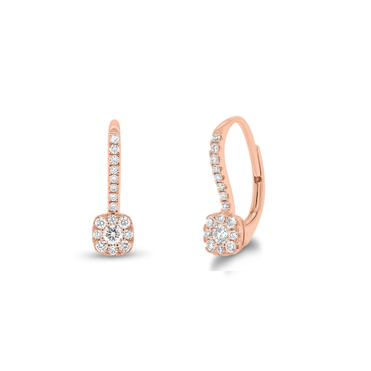 Diamond Cushion-Shaped Lever-Back Earrings  - 18K gold weighing 1.70 grams  - 34 round diamonds totaling 0.32 carats