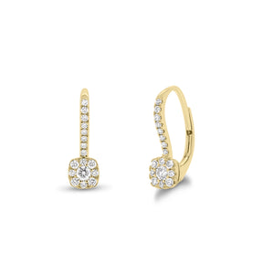 Diamond Cushion-Shaped Lever-Back Earrings  - 18K gold weighing 1.70 grams  - 34 round diamonds totaling 0.32 carats