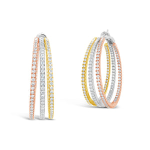 Tri-color inside-out diamond hoop earrings  -18k gold weighing 18.57 grams  -336 round diamonds weighing 2.89 carats