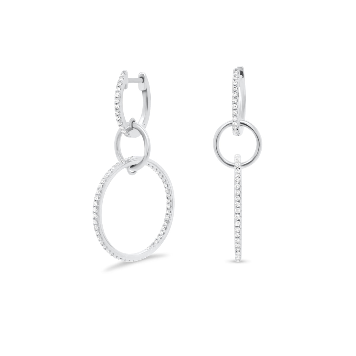 Diamond Triple Hoop Dangle Earrings  - 14K gold weighing 3.17 grams  - 130 round diamonds totaling 0.35 carats