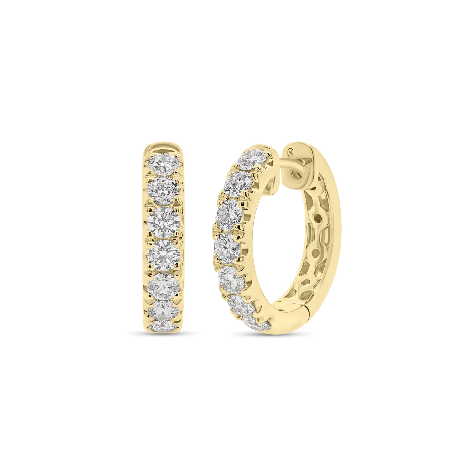 14K gold weighing 4.35 grams featuring 14 round diamonds weighing 0.90 carats 0.90 ct Huggie Earrings | Nuha Jewelers