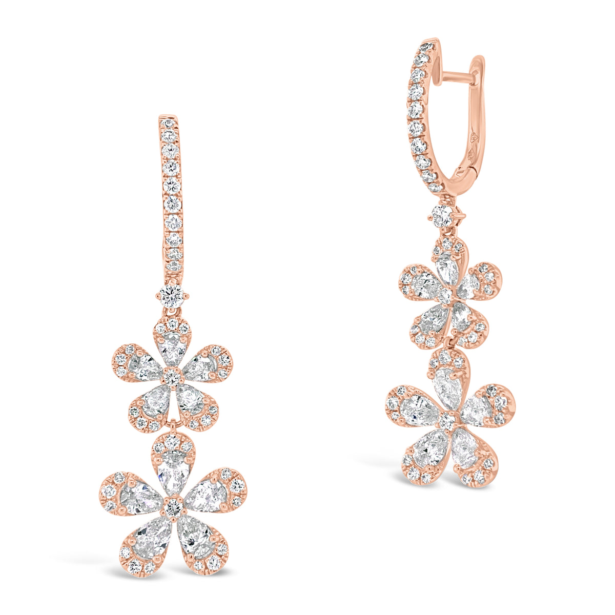 Diamond Double Flower Drop Earrings  -18K gold weighing 7.02 grams  -86 round diamonds totaling 0.87 carats  -20 Pear shape prong-set diamonds totaling 2.33 carats 