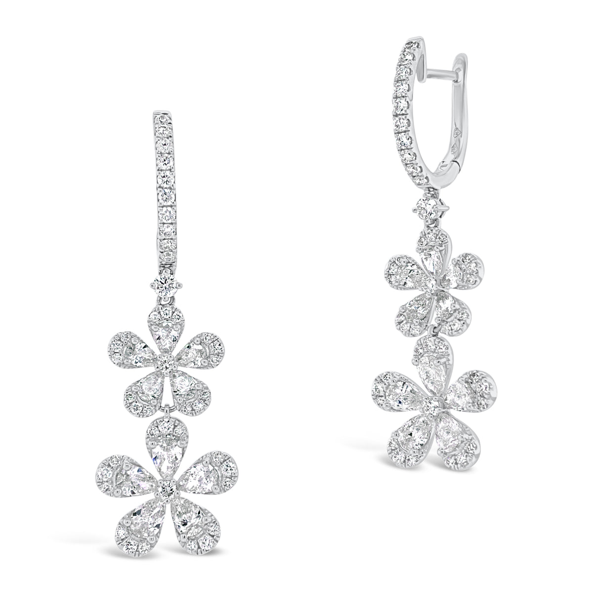Diamond Double Flower Drop Earrings  -18K gold weighing 7.02 grams  -86 round diamonds totaling 0.87 carats  -20 Pear shape prong-set diamonds totaling 2.33 carats 