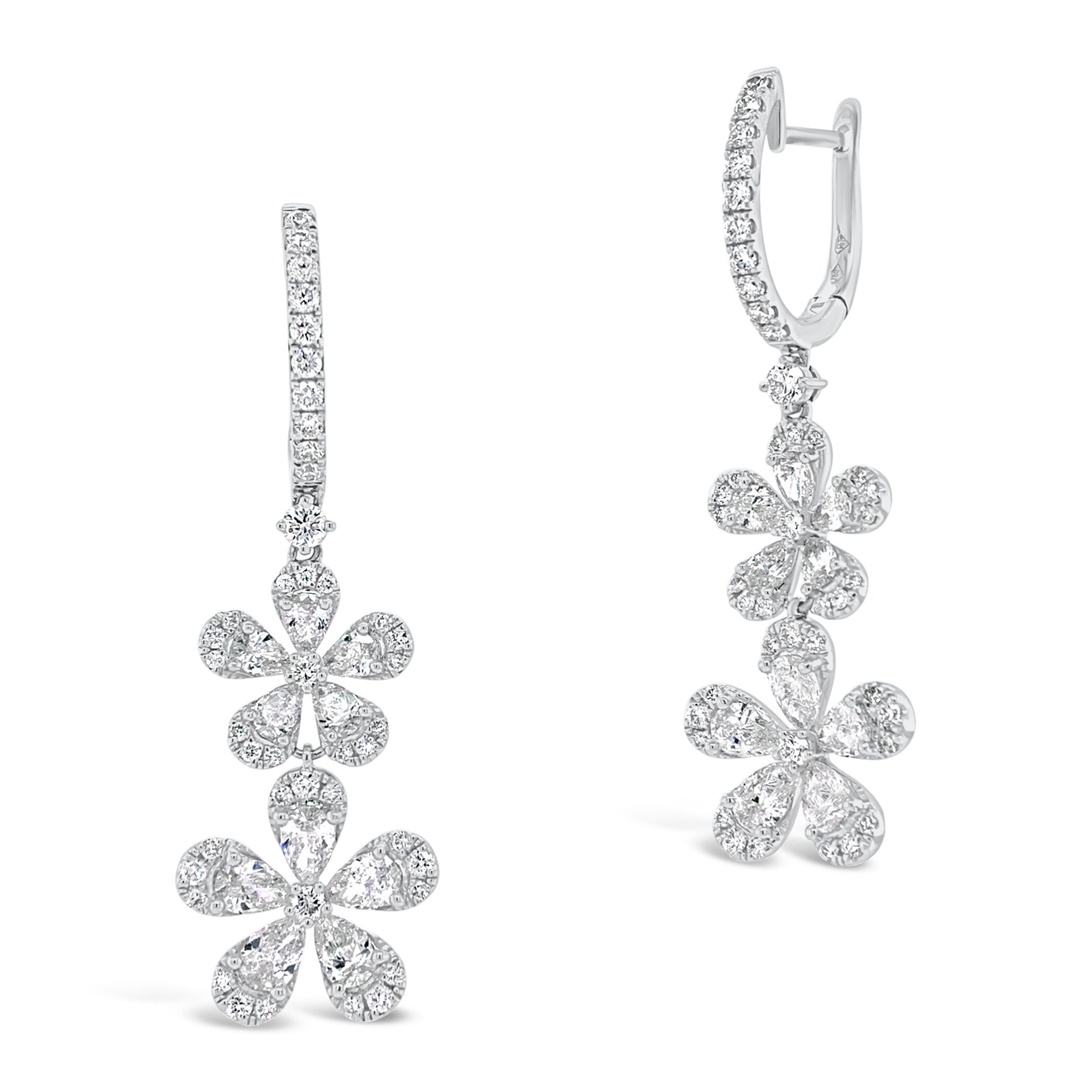 Diamond Double Flower Drop Earrings  -18K gold weighing 7.02 grams  -86 round diamonds totaling 0.87 carats  -20 Pear shape prong-set diamonds totaling 2.33 carats 