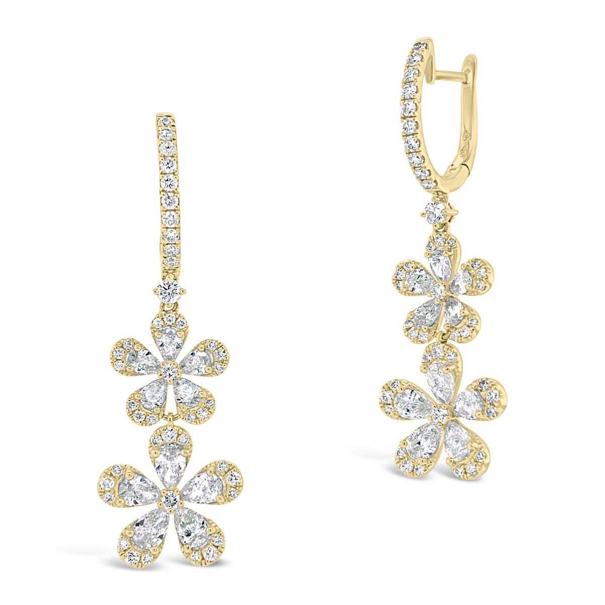 Diamond Double Flower Drop Earrings  -18K gold weighing 7.02 grams  -86 round diamonds totaling 0.87 carats  -20 Pear shape prong-set diamonds totaling 2.33 carats 