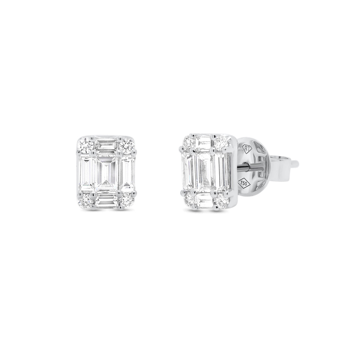 diamond illusion stud earrings - 18K gold weighing 2.14 grams  - 2 slim baguettes totaling 0.26 carats  - 8 slim baguettes totaling 0.63 carats  - 8 round diamonds totaling 0.14 carats  Total carat weight 1.03 carats 