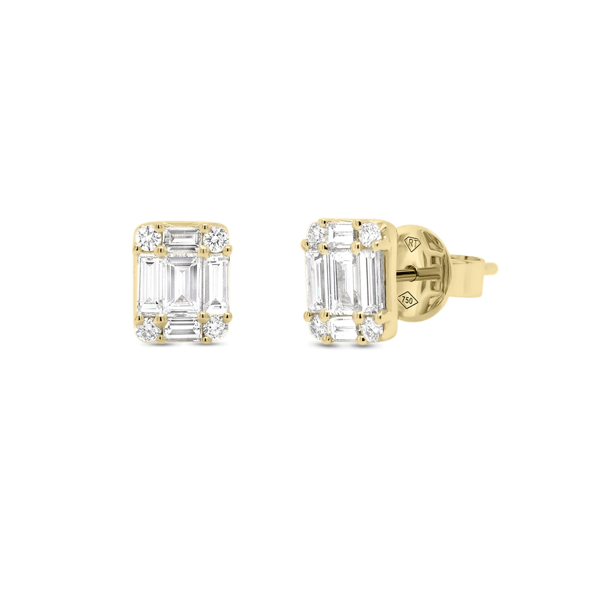 diamond illusion stud earrings - 18K gold weighing 2.14 grams - 2 slim baguettes totaling 0.26 carats - 8 slim baguettes totaling 0.63 carats - 8 round diamonds totaling 0.14 carats Total carat weight 1.03 carats