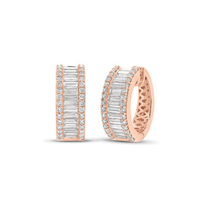 Baguette and Round Diamond Wide Huggie Earrings - 18K gold weighing 12.86 grams  - 60 round diamonds weighing 0.79 carats  - 30 slim baguettes weighing 1.91 carats