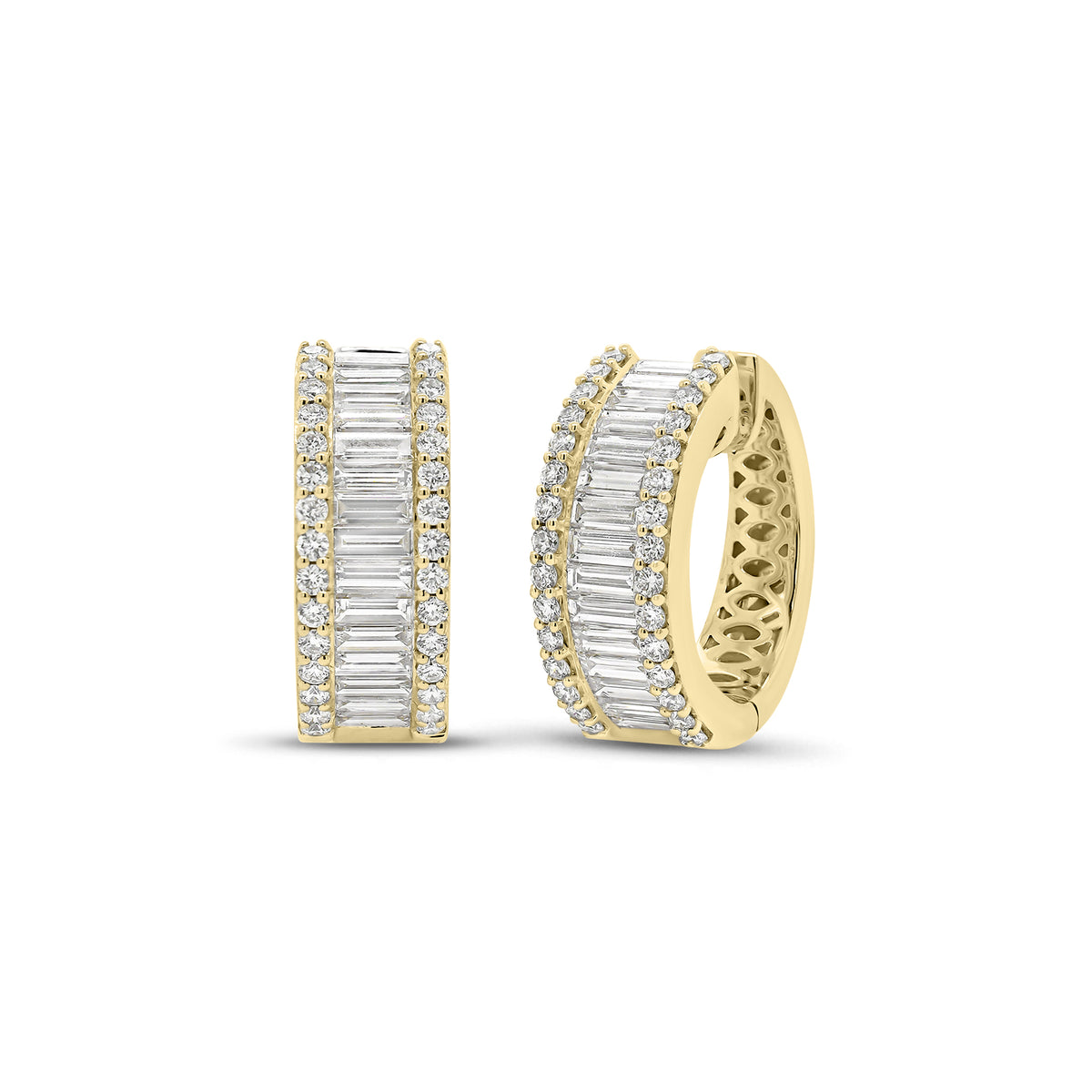 Baguette and Round Diamond Wide Huggie Earrings - 18K gold weighing 12.86 grams  - 60 round diamonds weighing 0.79 carats  - 30 slim baguettes weighing 1.91 carats