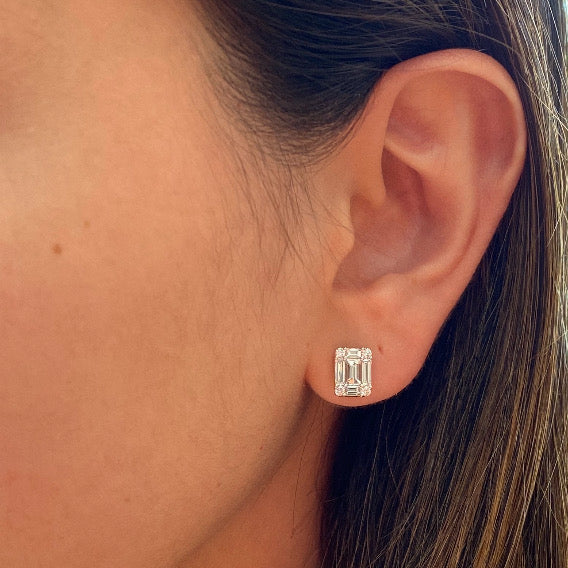 Emerald cut diamond earrings on ear Clearance