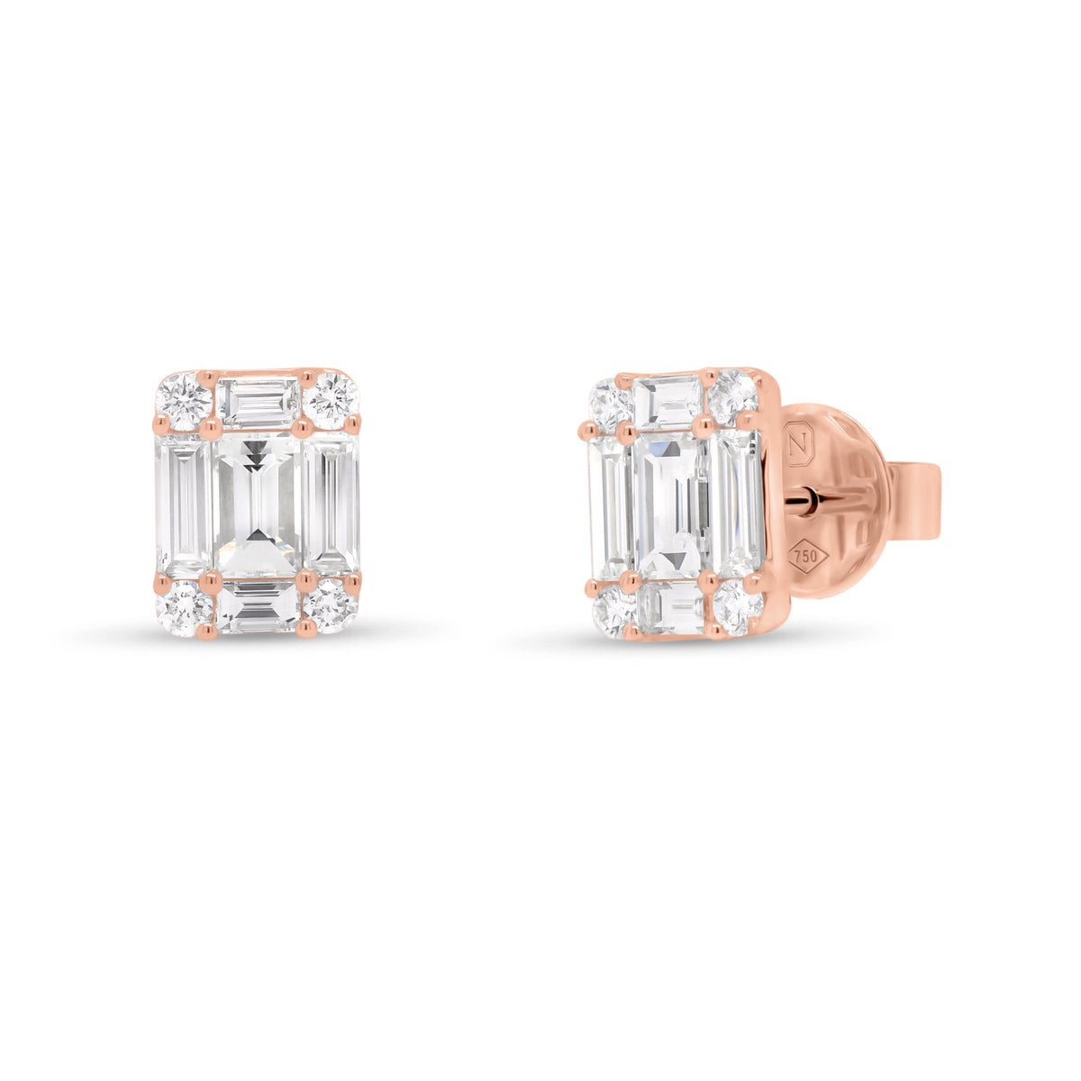 Emerald-cut diamond illusion stud earrings - 18K gold weighing 2.30 grams  - 2 slim baguettes totaling 0.41 carats  - 8 slim baguettes totaling 0.59 carats  - 8 round diamonds totaling 0.18 carats