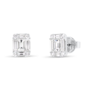 Emerald-cut diamond illusion stud earrings - 18K gold weighing 2.30 grams  - 2 slim baguettes totaling 0.41 carats  - 8 slim baguettes totaling 0.59 carats  - 8 round diamonds totaling 0.18 carats