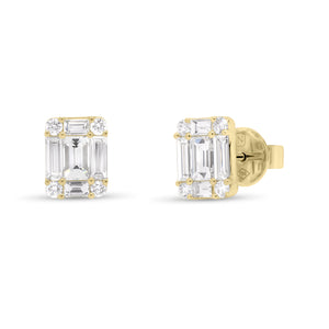 Emerald-cut diamond illusion stud earrings - 18K gold weighing 2.30 grams  - 2 slim baguettes totaling 0.41 carats  - 8 slim baguettes totaling 0.59 carats  - 8 round diamonds totaling 0.18 carats