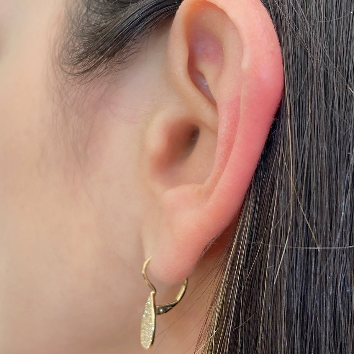 Pave Diamond Teardrop Lever-Back Earrings  - 14K gold weighing 2.09 grams  - 160 round diamonds totaling 0.42 carats