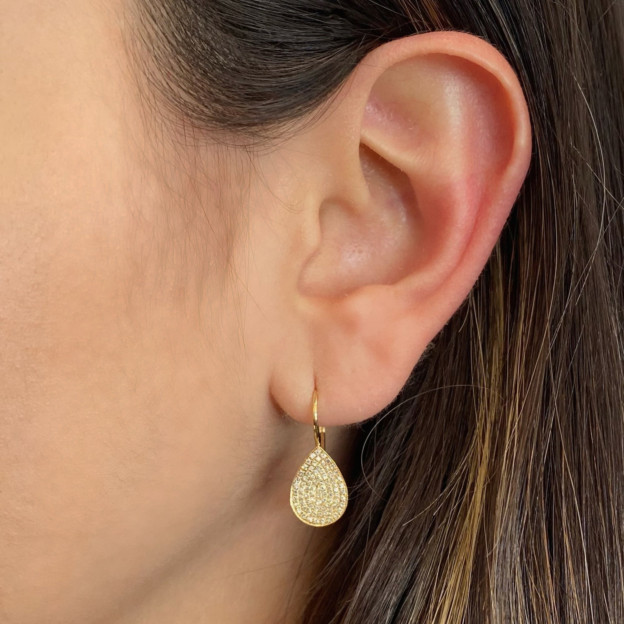 Pave Diamond Teardrop Lever-Back Earrings  - 14K gold weighing 2.09 grams  - 160 round diamonds totaling 0.42 carats