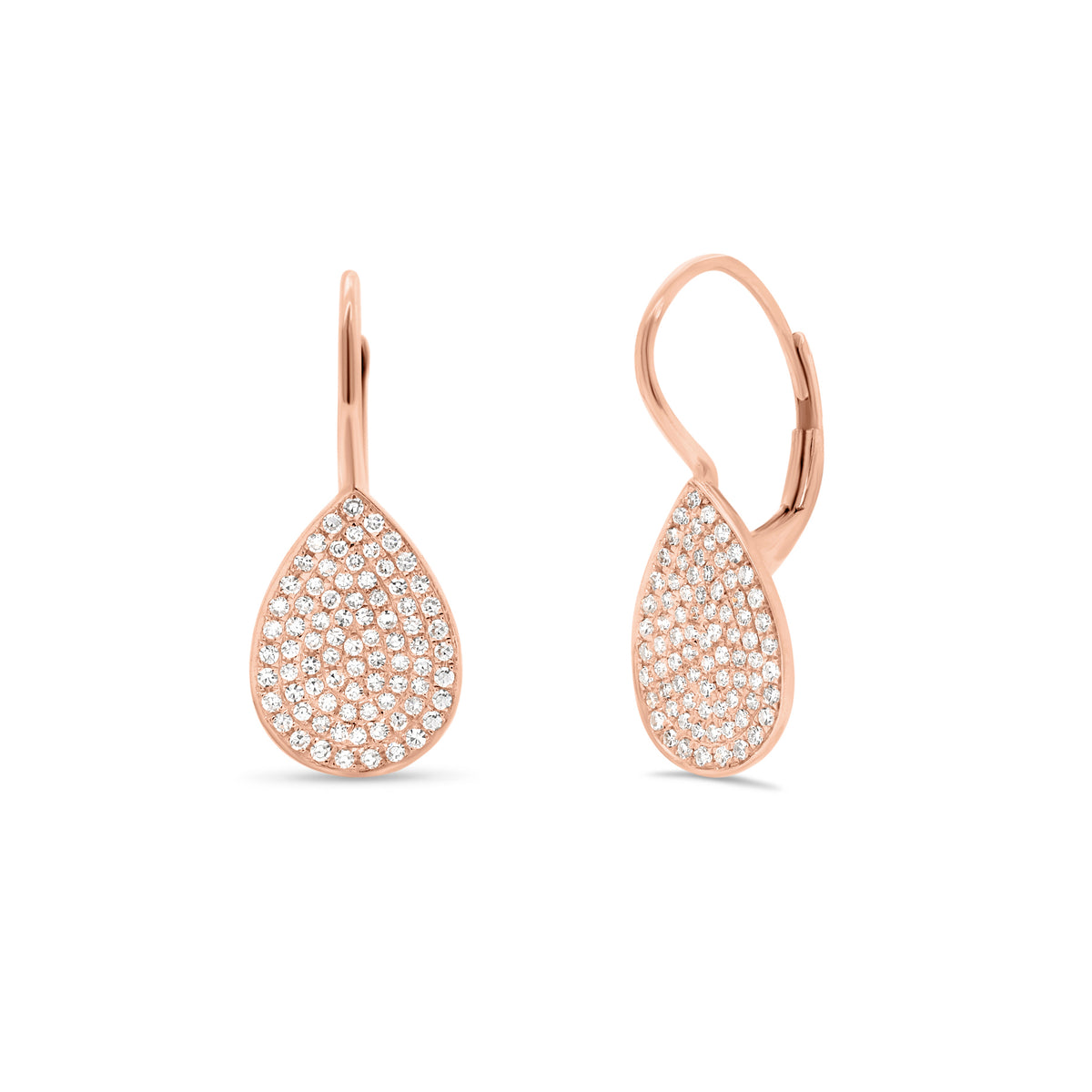Pave Diamond Teardrop Lever-Back Earrings  - 14K gold weighing 2.09 grams  - 160 round diamonds totaling 0.42 carats