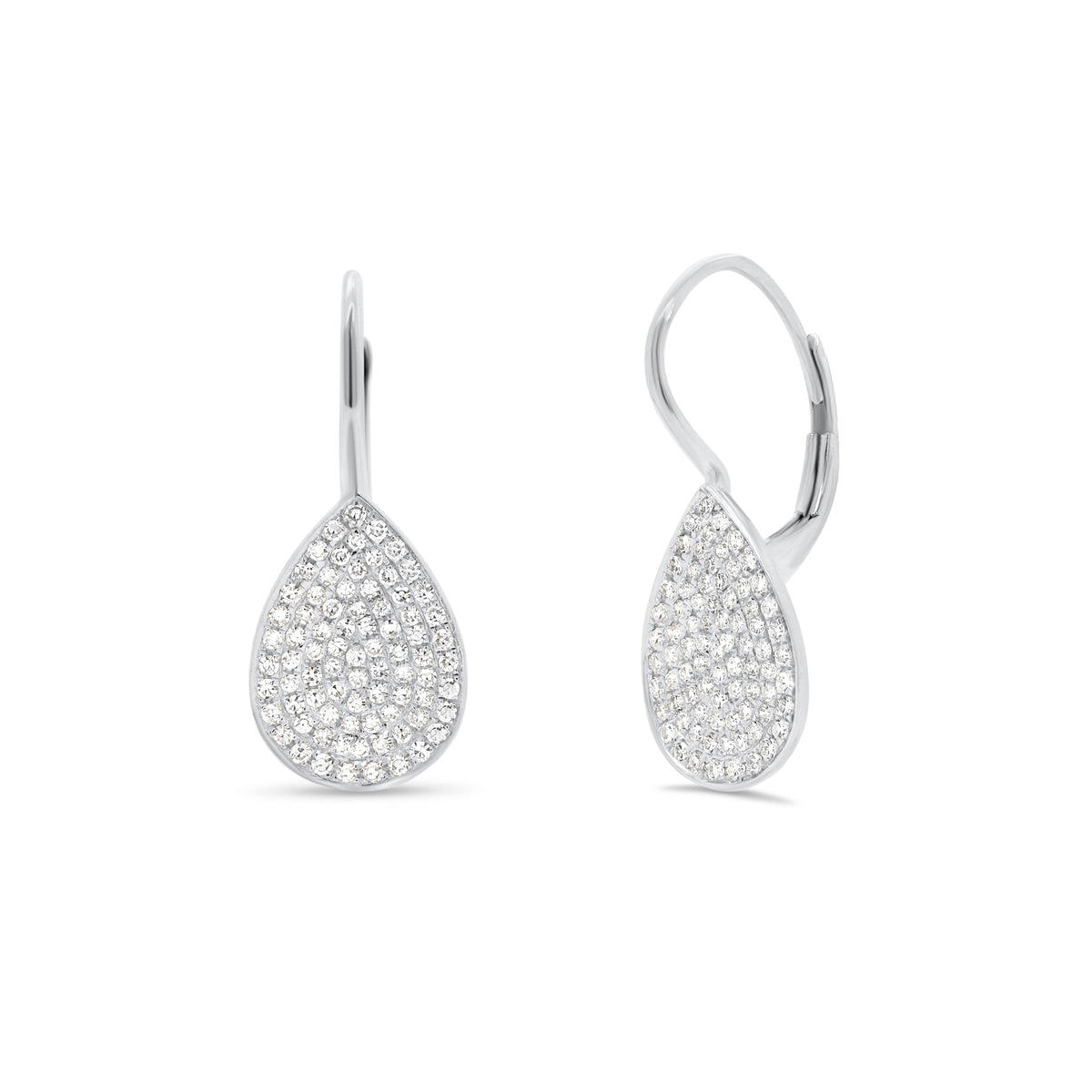 Pave Diamond Teardrop Lever-Back Earrings  - 14K gold weighing 2.09 grams  - 160 round diamonds totaling 0.42 carats
