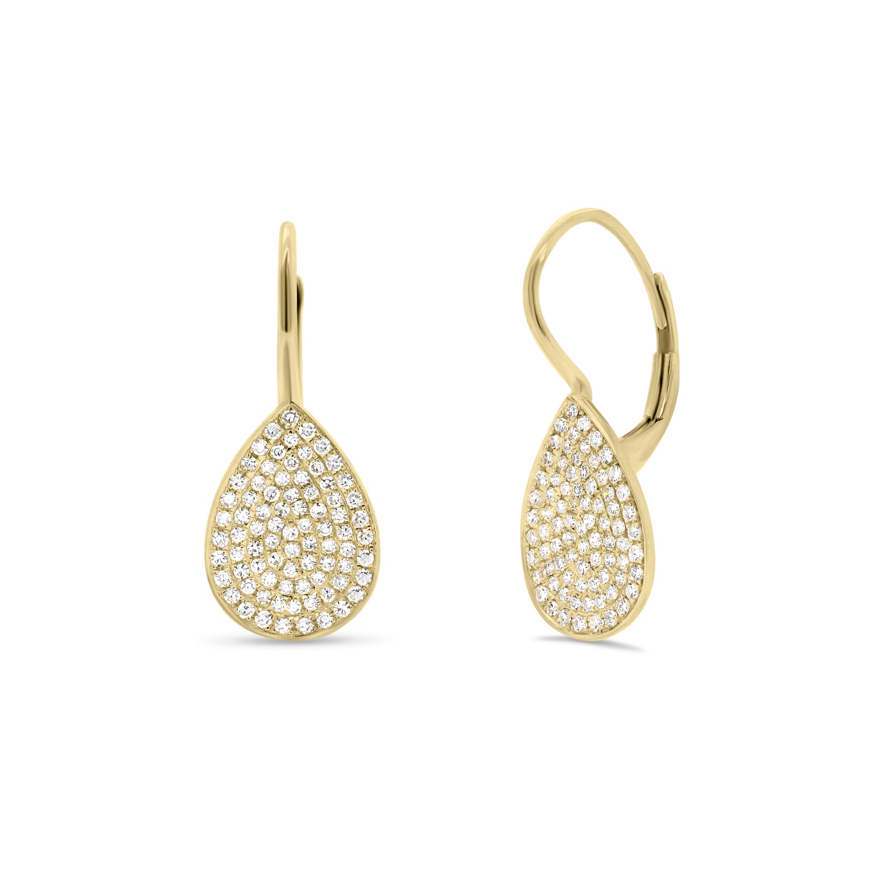 Pave Diamond Teardrop Lever-Back Earrings  - 14K gold weighing 2.09 grams  - 160 round diamonds totaling 0.42 carats