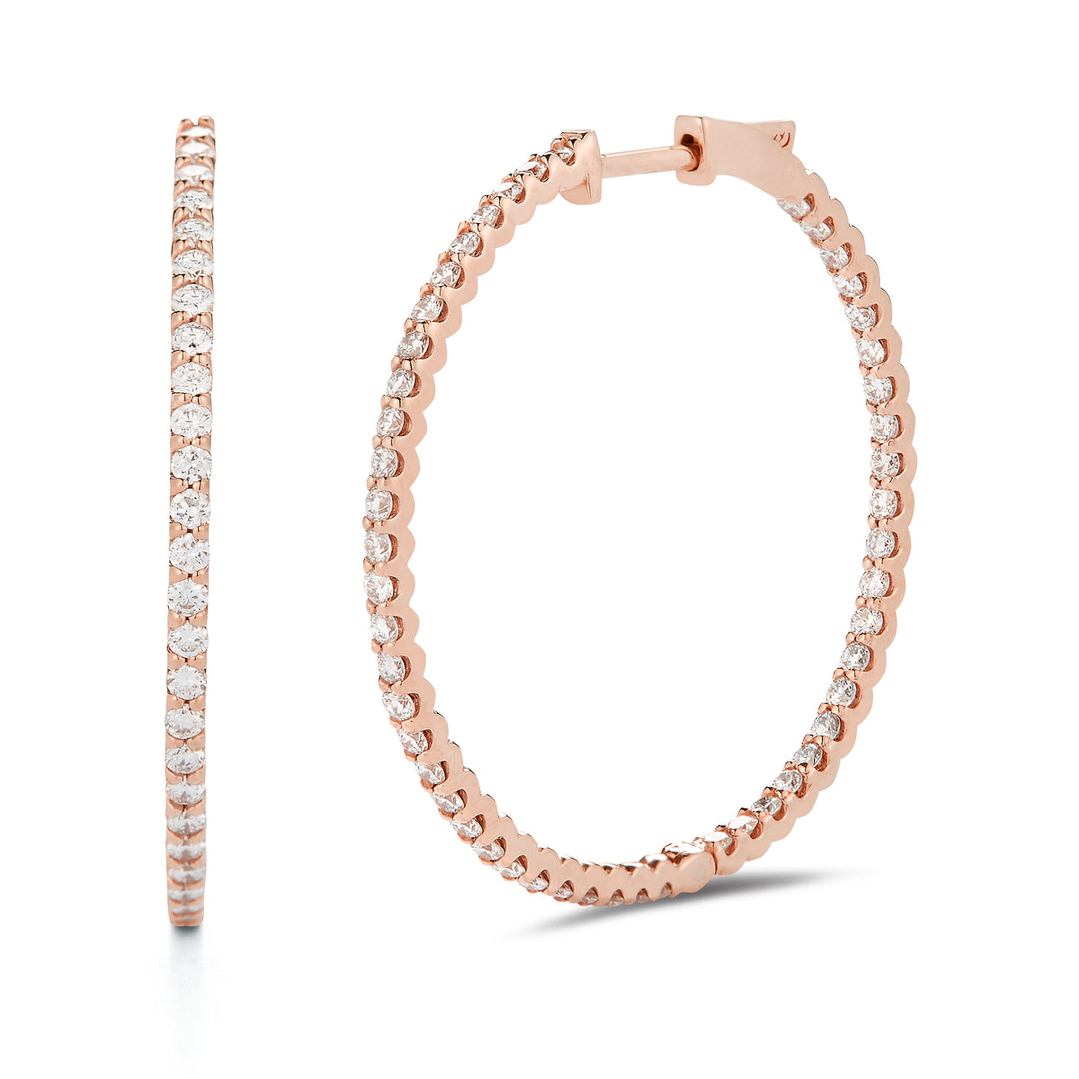 Diamond hoop earrings 1.35 inch 14k Gold, 5.0 grams,100 round brilliant cut diamonds prong-set weighing 1.45 carats. Earring size 1.35 inch diameter