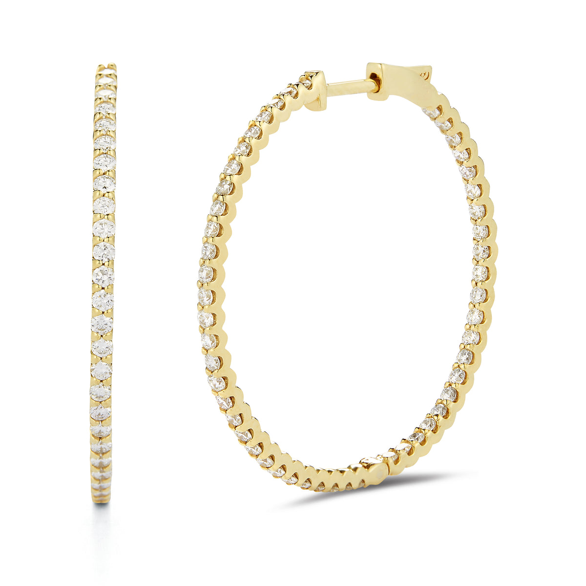 Diamond hoop earrings 1.35 inch 14k Gold, 5.0 grams,100 round brilliant cut diamonds prong-set weighing 1.45 carats. Earring size 1.35 inch diameter