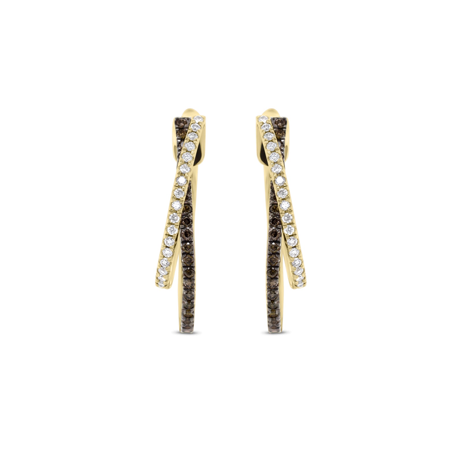 Diamond two-tone crossover hoop earrings - 18K gold weighing 5.38 grams  - 38 round diamonds totaling 0.27 carats  - 44 black diamonds totaling 0.33 carats