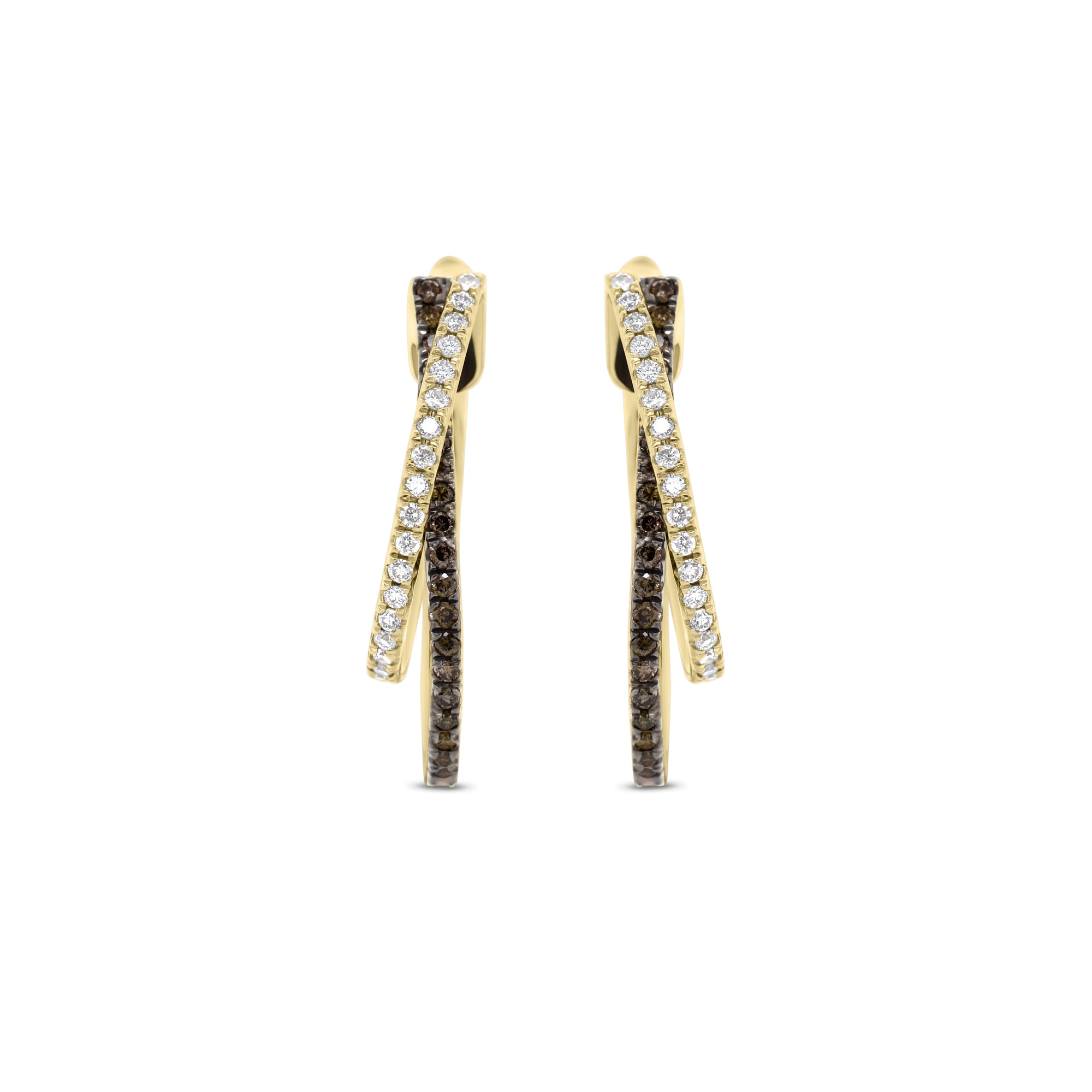 Diamond two-tone crossover hoop earrings - 18K gold weighing 5.38 grams  - 38 round diamonds totaling 0.27 carats  - 44 black diamonds totaling 0.33 carats
