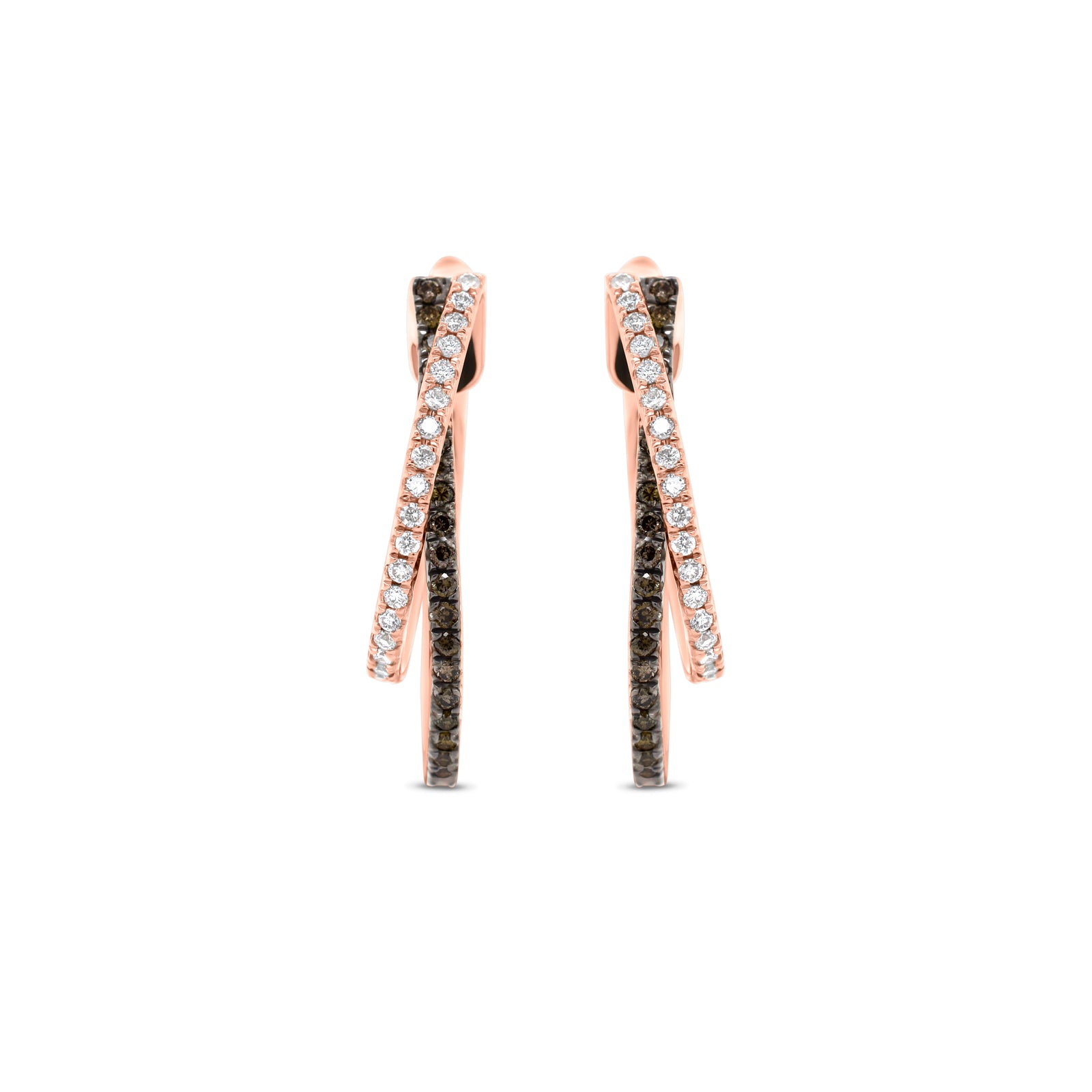 Diamond two-tone crossover hoop earrings - 18K gold weighing 5.38 grams  - 38 round diamonds totaling 0.27 carats  - 44 black diamonds totaling 0.33 carats