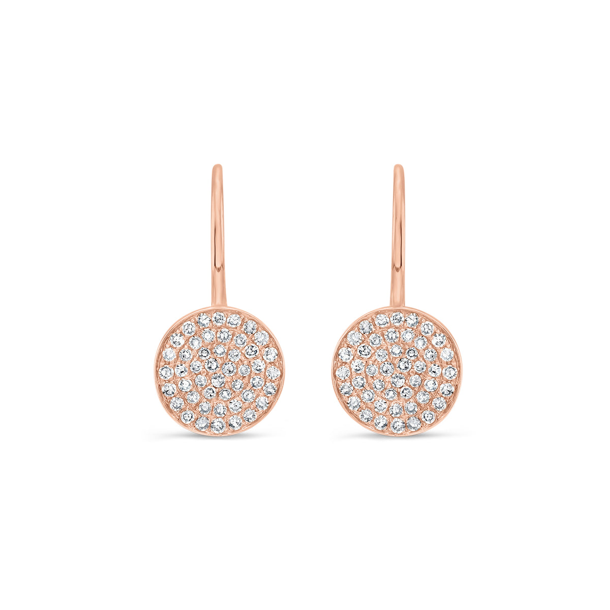 Pave Diamond Disc Earrings  -14K rose gold weighing 1.79 grams  -94 round diamonds weighing 0.37 carats