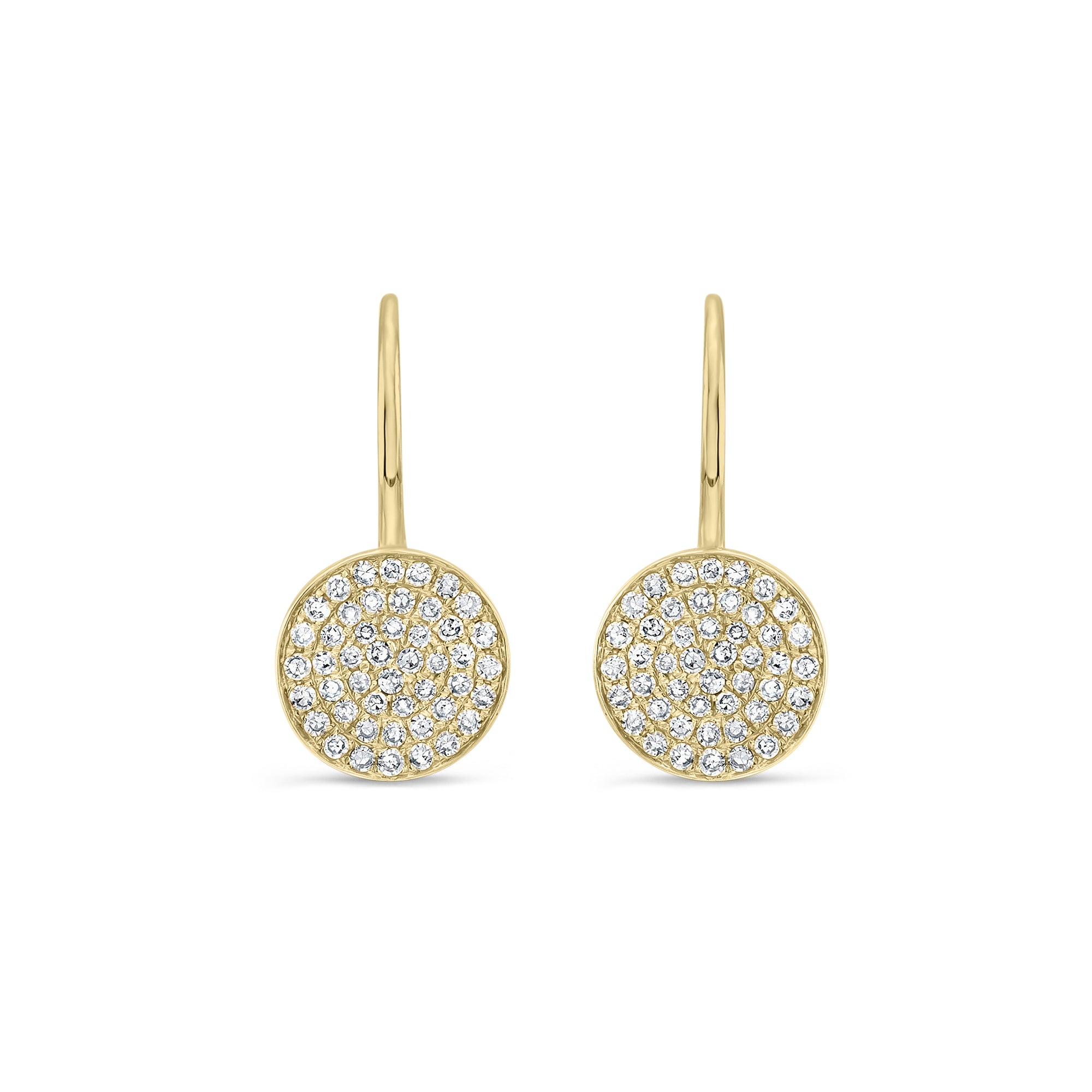 Pave Diamond Disc Earrings  -14K yellow gold weighing 1.79 grams  -94 round diamonds weighing 0.37 carats