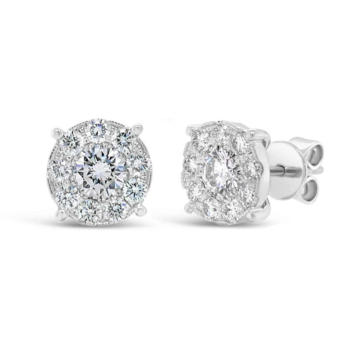1.46 ct round diamond cluster earrings -14K gold weighing 3.1 grams  -18 round diamonds totaling 0.76 carats   -2 round brilliant-cut diamonds totaling 0.70 carats***