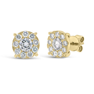 1.46 ct round diamond cluster earrings -14K gold weighing 3.1 grams  -18 round diamonds totaling 0.76 carats   -2 round brilliant-cut diamonds totaling 0.70 carats***