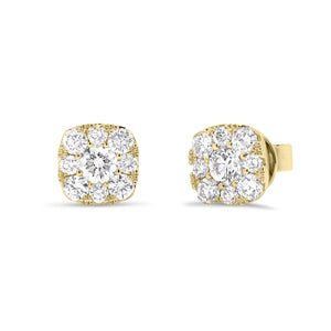 diamond cushion-shaped stud earring -18K yellow gold weighing 2.46 grams  -2 round brilliant-cut diamonds totaling 0.38 carats  -16 round diamonds totaling 0.66 carats