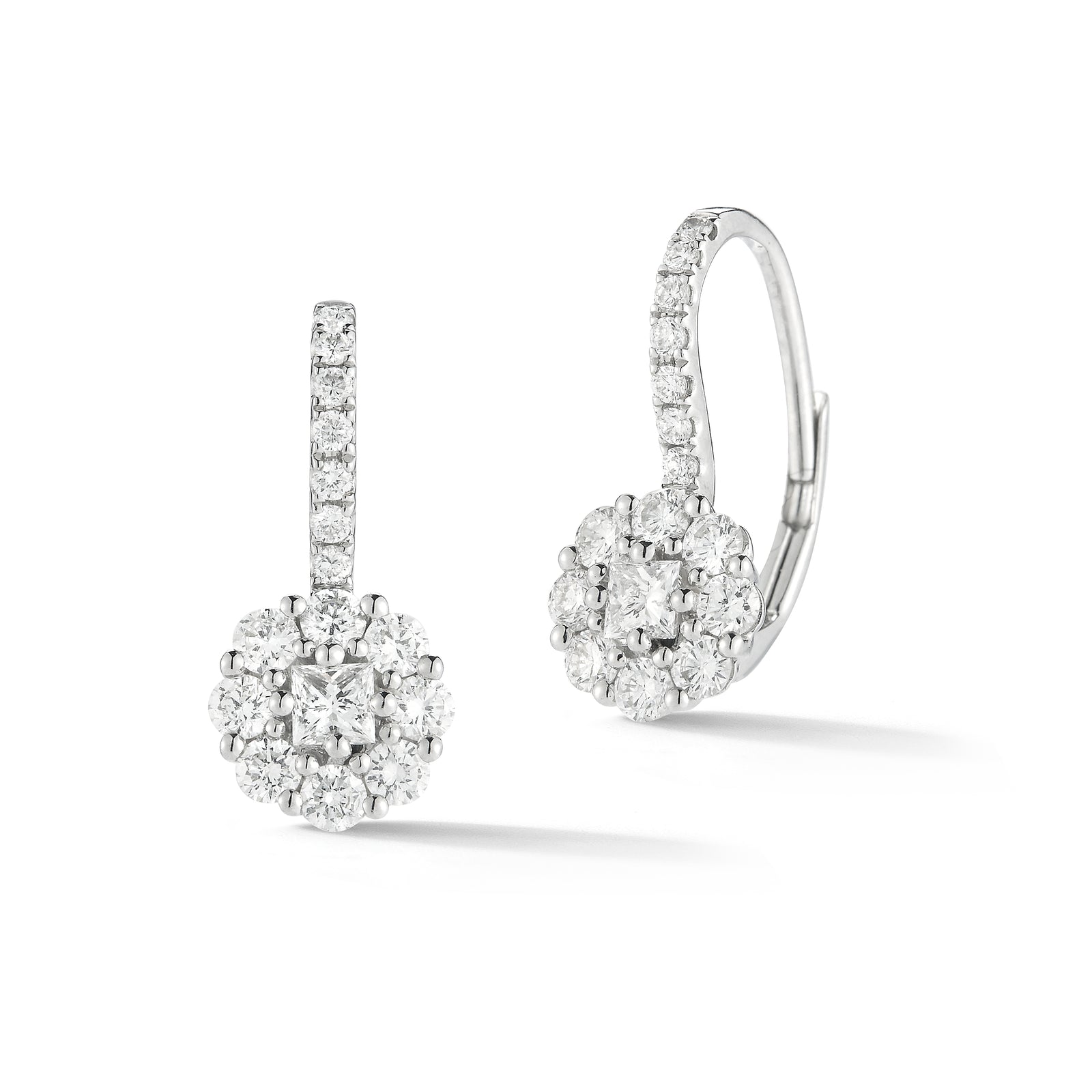 Diamond Halo Lever-Back Earrings  -18K gold weighing 2.07 grams  -30 round shared prong-set diamonds totaling 0.64 carats  -2 princess cut diamonds totaling 0.20 carats.
