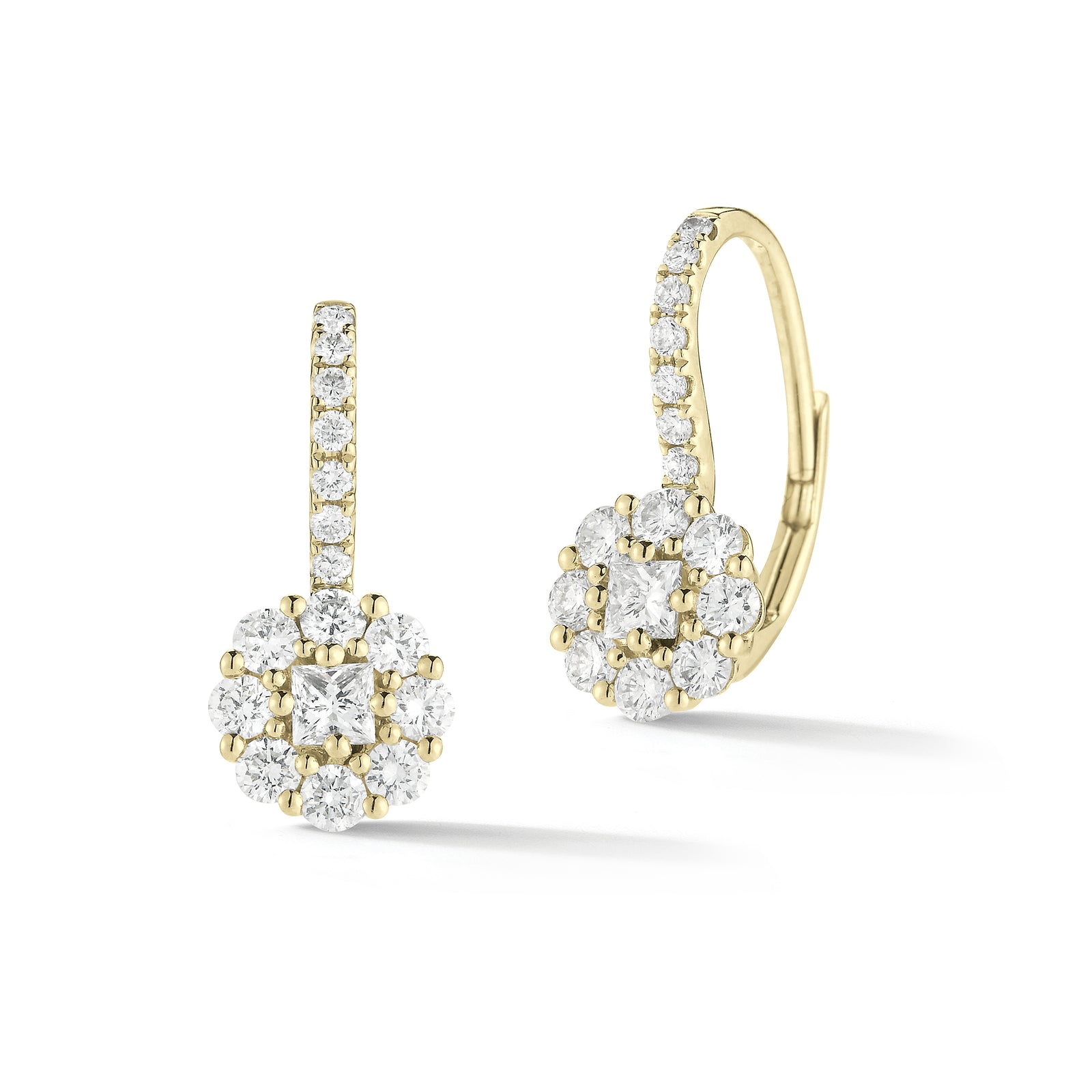 Diamond Halo Lever-Back Earrings  -18K gold weighing 2.07 grams  -30 round shared prong-set diamonds totaling 0.64 carats  -2 princess cut diamonds totaling 0.20 carats.