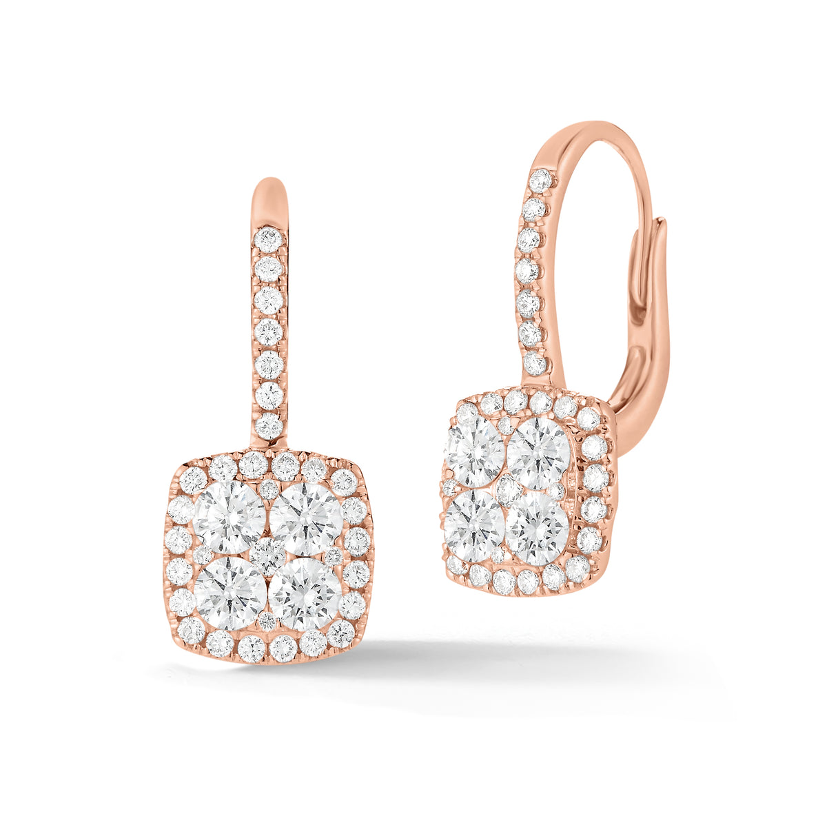 Diamond Cushion Drop Lever-Back Earrings  -18K gold weighing 3.92 grams  -72 round brilliant-cut diamonds in a four-prong micro setting totaling 1.63 carats.